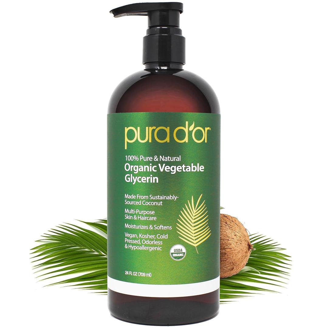 PURA D'OR 24 Oz ORGANIC Vegetable Glycerin - Derived From Coconut - Clear & Odorless - 100% Pure Premium Grade, Non-GMO, Kosher, Vegan, Cold Pressed, For Hair & Body - DIY Skin Care Base