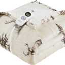 Woolrich Heated Throw Blanket with Ultra Soft Plush and Sherpa Reverse, 12 Heat Settings, Auto Shut-Off, Farmhouse & English Country Gift Throw  Deer Toile Pattern, 50"x60"