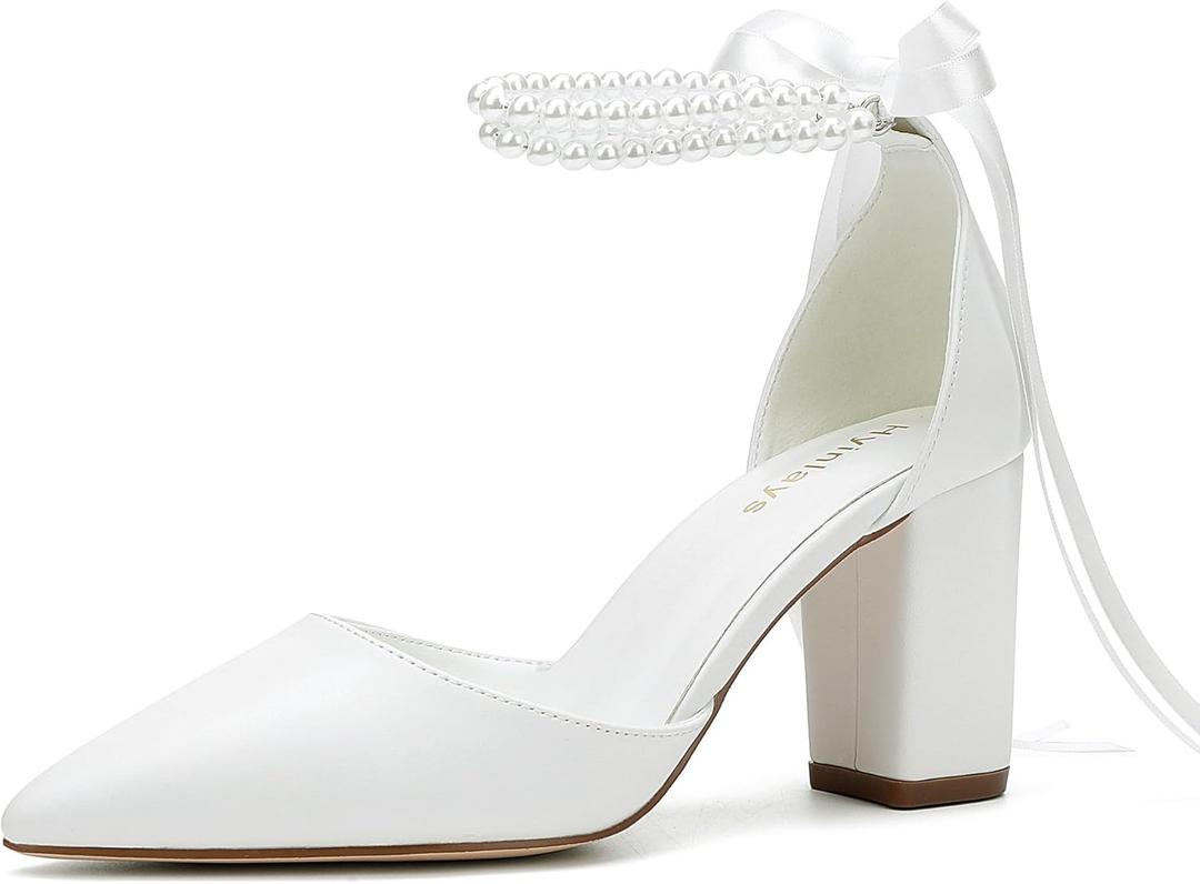 Hyinlays Women's Open Toe Block Heel Pearl Wedding Shoes for Bride Chunky Heeled Sandals Bridal Shoes Pumps,9