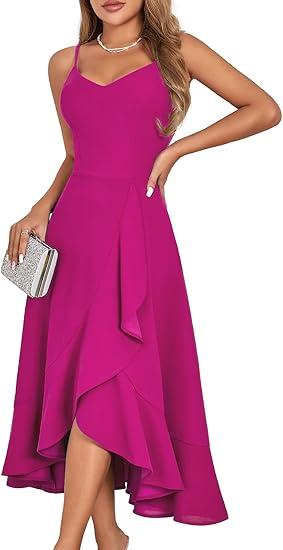 DRESSTELLS Women's Cocktail Party Dress, Formal Wedding Guest High Low Dress, Fit Flare Holiday Prom Dress S