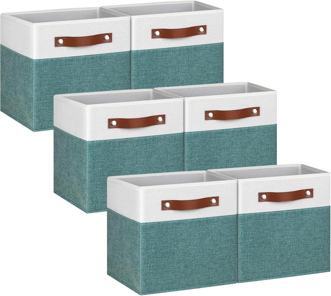 11 Inch Cube Storage Bin - 6 Pack - Linen Fabric 11x11 Cube Storage Bins for Bedroom, Living Room, Clothes and Toys; Foldable, Dual Leather Handles (White & Teal)