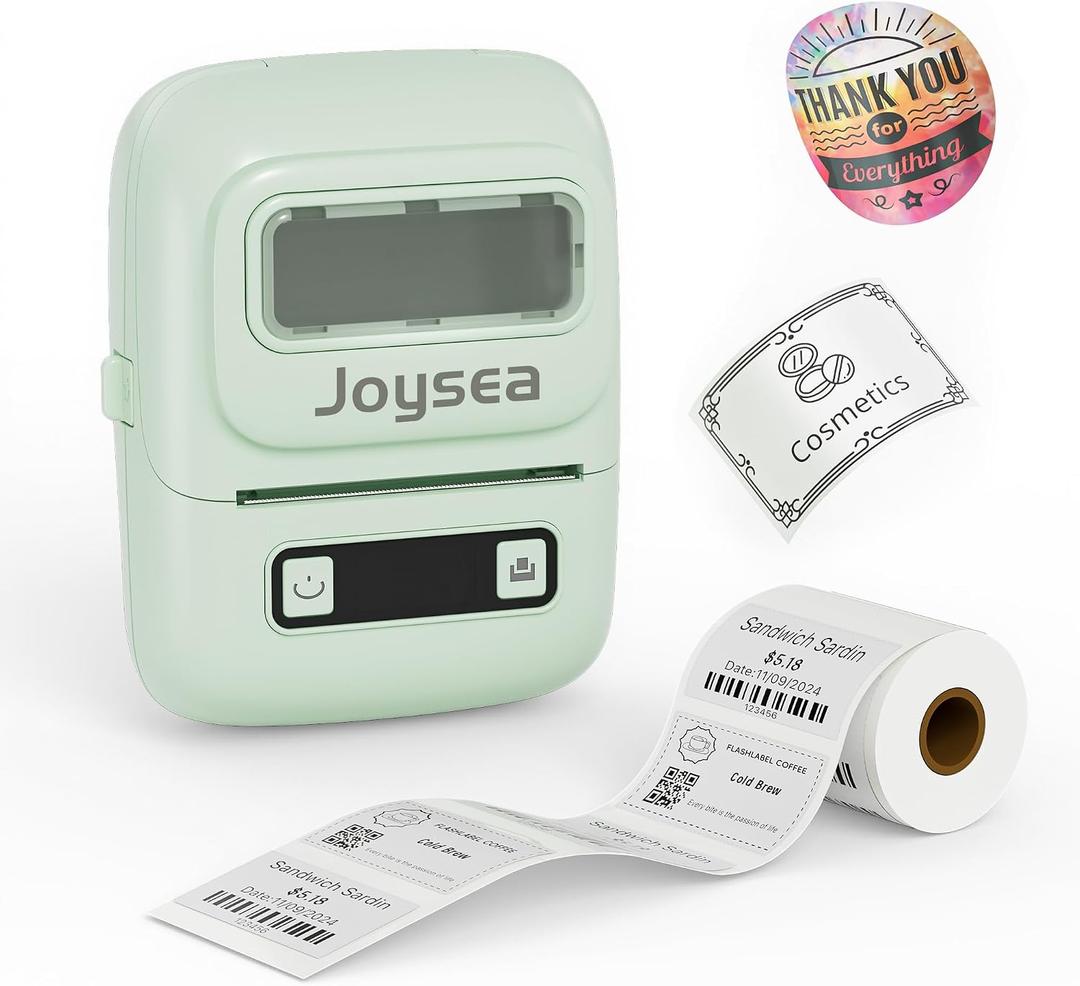 Joysea BX1 Label Maker Machine with Tape, 2 Inch Bluetooth Label Maker, Portable Thermal Label Printer with Multiple Templates for Small Business, Office, Home, School (Green, 1 Labeler+1 Roll Label)