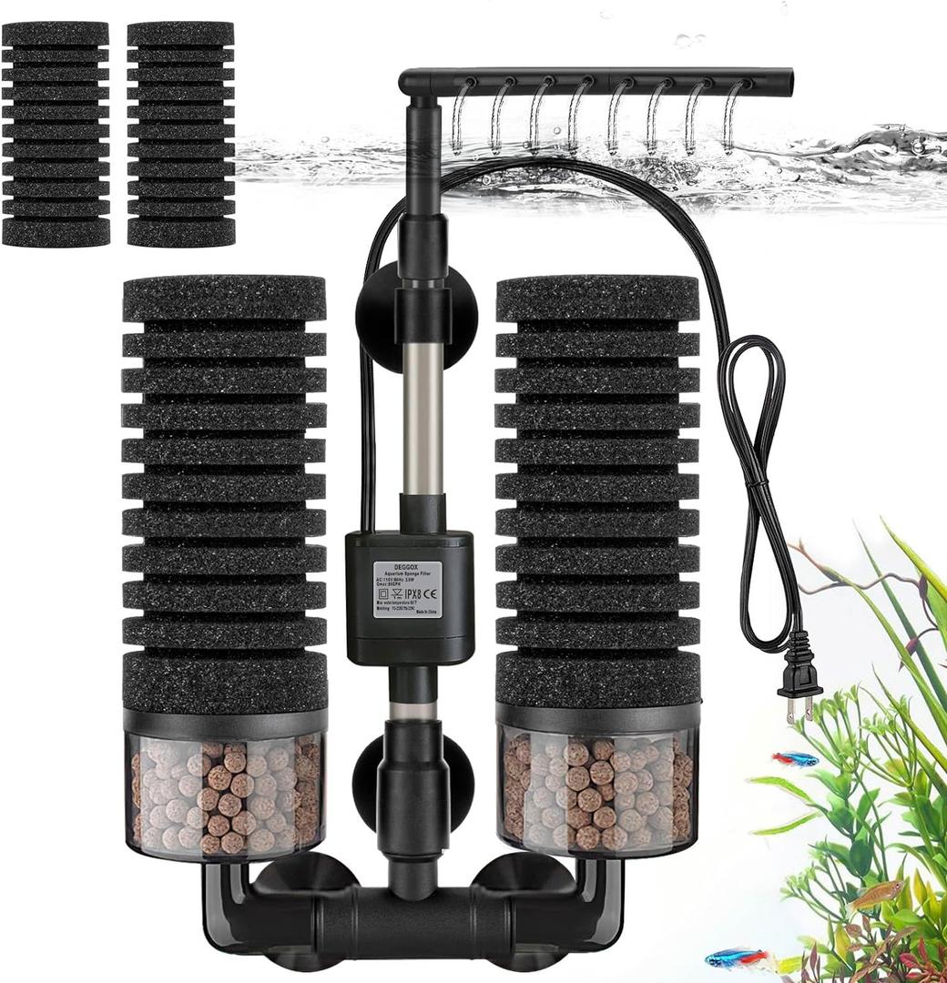 Upgrade Aquarium Electric Power Sponge Filter with Submersible Pump Ultra-Quiet Motor with Bio Ceramic Media Balls and 2 Spare Sponge (L for 20-55 Gal)