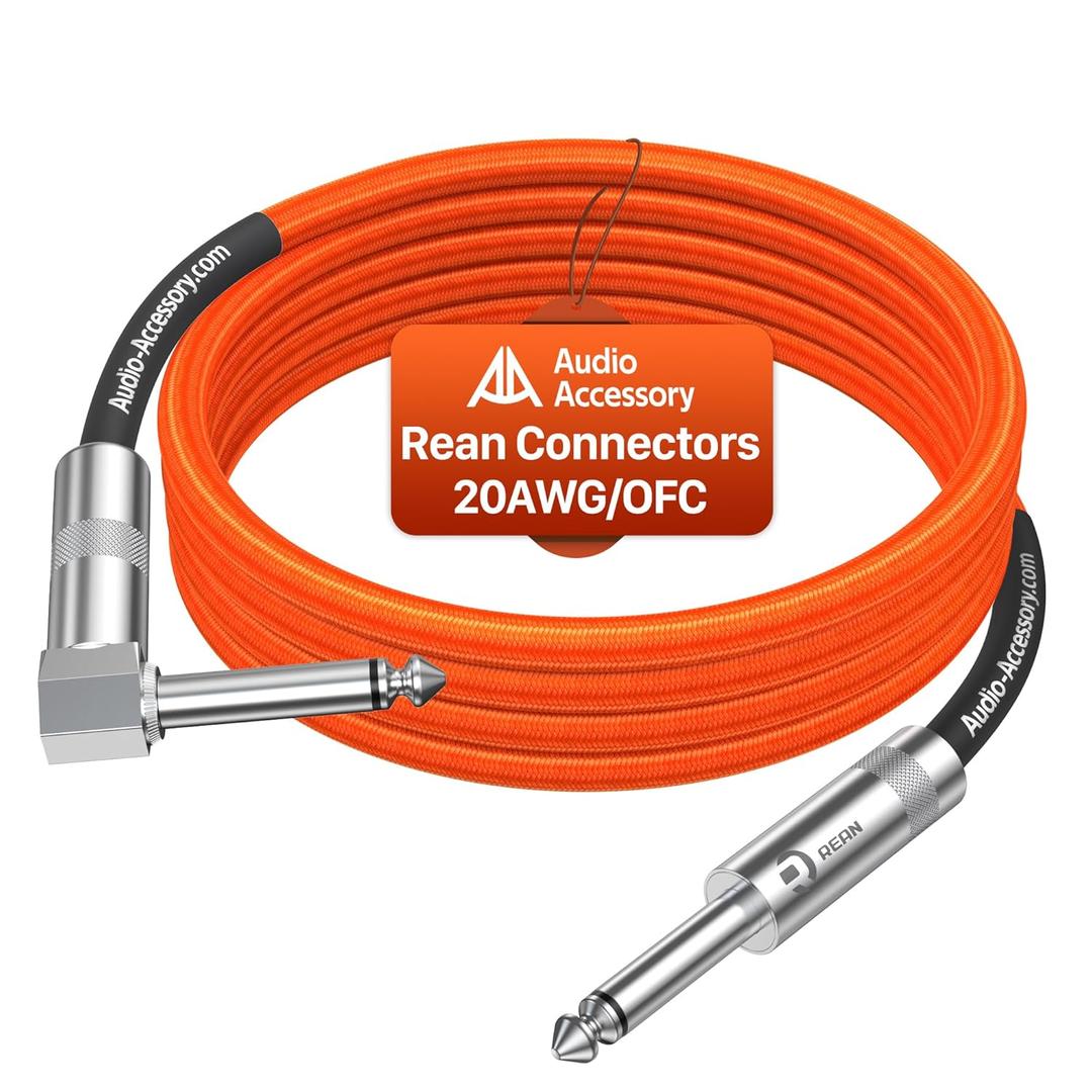 Right Angle Guitar Cable 10 ft, Nylon Braided Kevlar-Reinforced, Neutrik REAN Connector, 20AWG 99.99% OFC 1/4 Instrument Cable, Dual Shielded Amp Cord for Fender Electric Guitar, Neon Orange