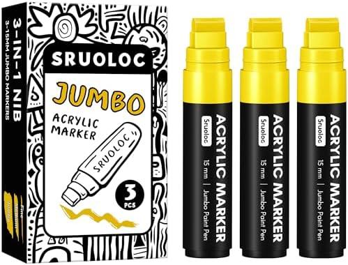 SRUOLOC 3 Jumbo Permanent Markers Yellow, 15mm Thick Wide Tip, Large Acrylic Paint Markers for Rock Painting, Poster, Graffiti, Stone, Ceramic, Glass, Wood, Canvas