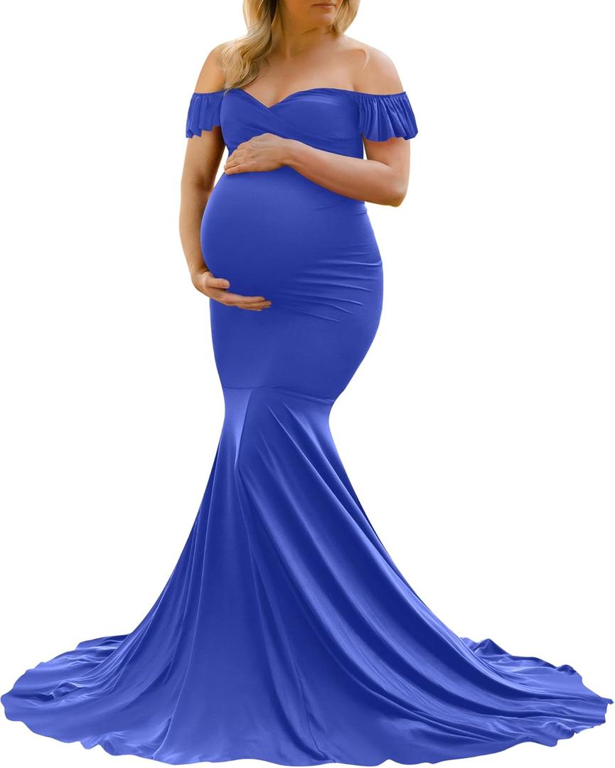 Saslax Off Shoulder Ruffle Sleeves Elegant Fitted Maxi Maternity Dress for Photoshoot Baby Shower (Medium, Blue)