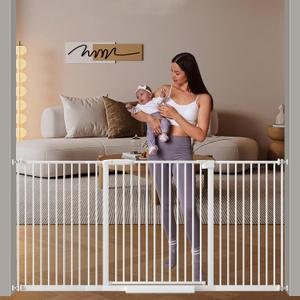 DEARBB Extra Wide Baby Gate Ultra Narrow Spacing 30.11-77.36" Pressure Mounted Double Lock Swing Auto Close Walk Through Metal Safety Pet Gate for Stairs and House Doorway Kitchen (61.61"-69.48", White)