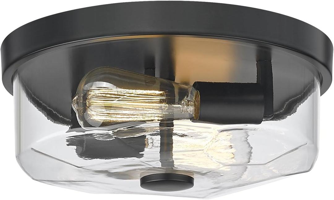 Flush Mount Ceiling Light with Clear Glass Shade, 2-Light Indoor Outdoor Farmhouse Lighting Flush Mount Lights for Kitchen Bedroom Porch Living Dining Room(Black)