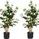 Artificial Camellia Tree 2 Pack, 38 Faux Camellia Plant in Pot with White Flowers, Greenery Potted Plant for Indoor Outdoor Office Home Porch Decor, White (3FT)