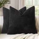 Set of 2 Textured Throw Pillow Covers Decorative Soft Accent Square Chenille Pillowcases Neutral Farmhouse Cushions Modern Home Decor for Couch Sofa Bedroom Living Room 20x20 Inch, Black