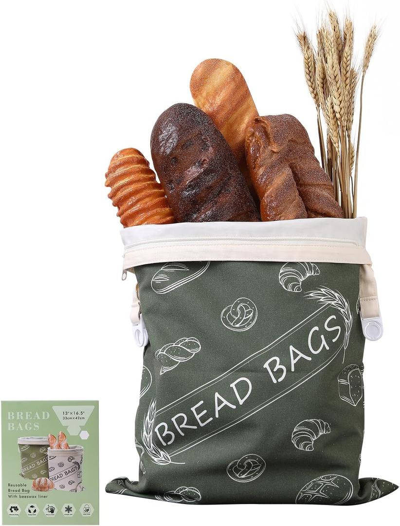 Beeswax Reusable Bread Bags for Homemade Sourdough Bead Large 13''x 16.5'', Natural Durable Cotton Bread Keeper with Zipper to Keep Fresh, Green