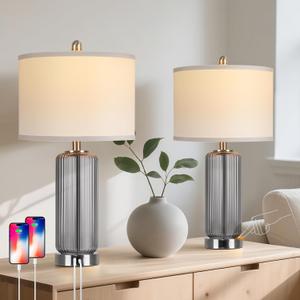 Table Lamps Set of 2 with Touch Control, 3-Way Dimmable Nightstand Lamp with Vertical Grained Glass, Grey Bedside Table Lamps, 27" Modern Glass Bedside Lamps with USB A+C Ports, Desk Lamp for Bedroom, Gray