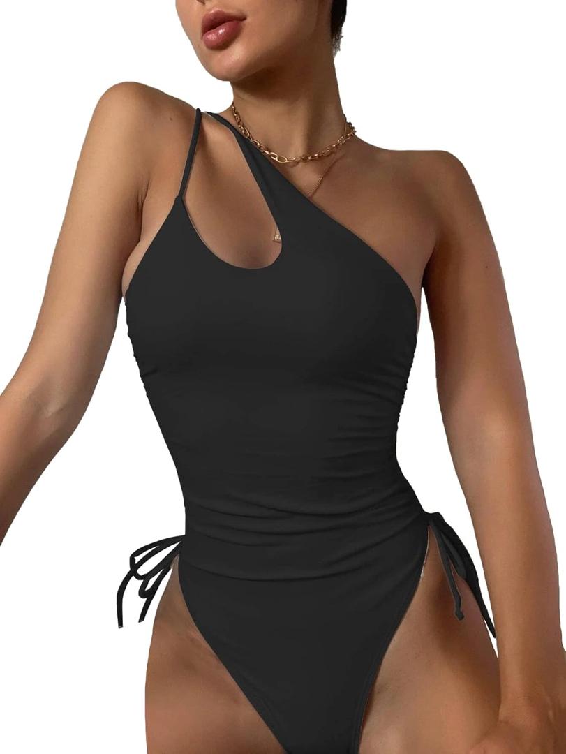 Lilosy Sexy Shoulder Tummy Control One Piece Swimsuit Ruched High Cut Leg Rise Bikini Cutout Thong Bathing Suit (Small, Black)