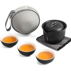 Travel Tea Set Ceramic Tea Pot Set Chinese Kung Fu Teapot Porcelain Gongfu Teacups Frosted Glazed Tea Cup, Portable Bag 1 Pot 3 Mini Cup All in One for Home Office Outdoor Picnic Camping Hotel, Black
