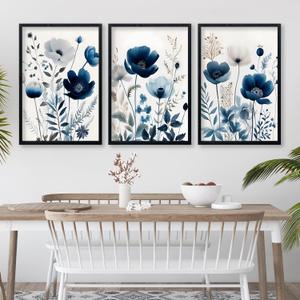 DUWQU 3 Pcs Blue Floral Canvas Wall Art, Wood Framed Navy Blue Wildflower Lily Daisy Wall Decor, Watercolor Botanical Flower Home Poster Art Prints for Living Room Bedroom Bathroom 16×24 Inches