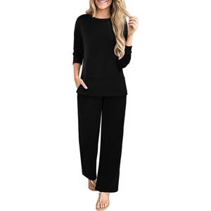 KISSMODA Womens Two Piece Long Sets 2025 Sweatsuit Outfits Tracksuits Long Sleeve Crewneck Side Slit Tops and Pants Lounge Set Black, Large