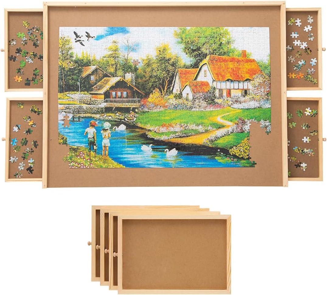 SNAIL Jumbo Wooden Jigsaw Puzzle Board Portable Puzzle Plateau with Storage Drawers for Adults, 34"x26" Large Jigsaw Puzzle Table with Smooth Fiberboard Work Surface for 1500 Pieces Puzzles, 34"x26"x1.6"