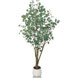 Artificial Eucalyptus Trees with White Planter, 6 FT Faux Eucalyptus Plants Indoor Tall Fake Floor Trees with Silk Leaves and Thick Trunk for Living Room Bedroom Corner Home Office Decoration