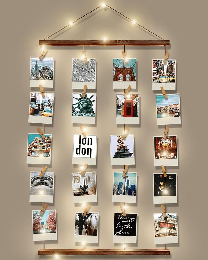Picture Frames Collage Wall Decor - Picture Board for Photos Polariod Display with 30 Clips and Adjustable Strings, 15FT String Light, Artwork Hanging Multiple Pictures Hangers, 15.8"L X 27.6"W