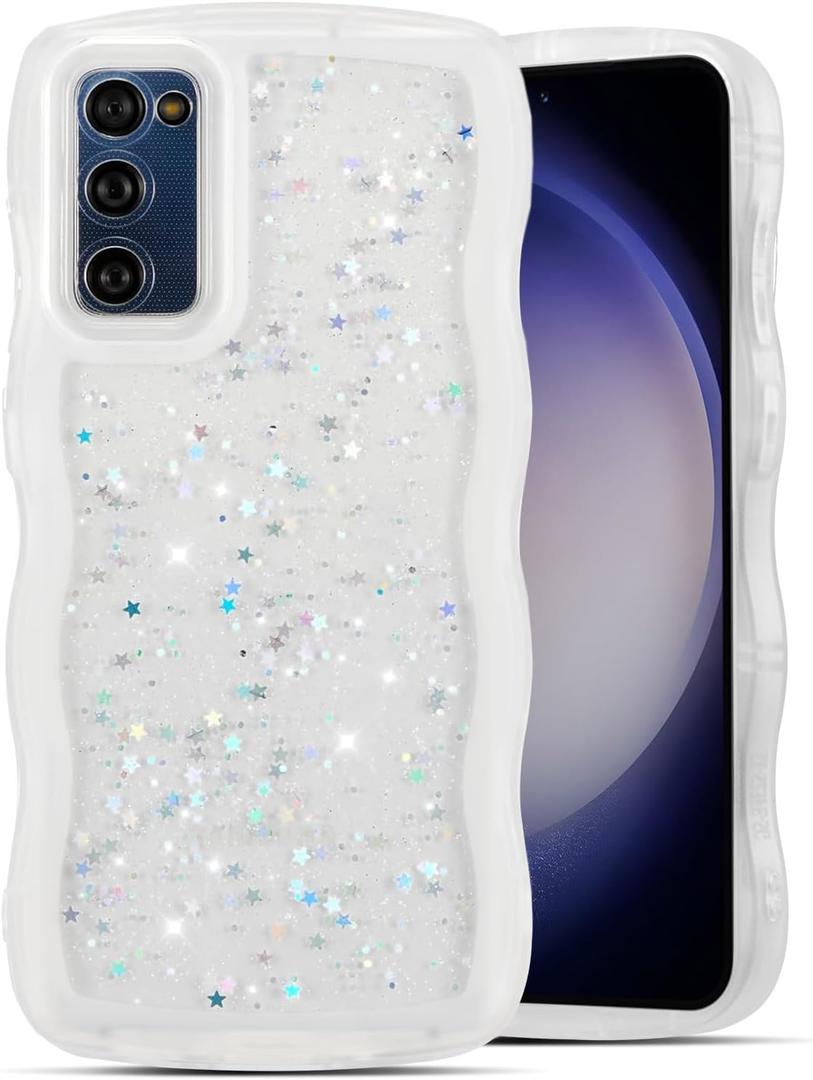 QLTYPRI for Samsung Galaxy S20 FE Case, Cute Curly Wave Frame Case with Shiny Star Glitter, Clear Bling Soft Silicone TPU Bumper Phone Case Shockproof Protective Cover for Girls Women - White