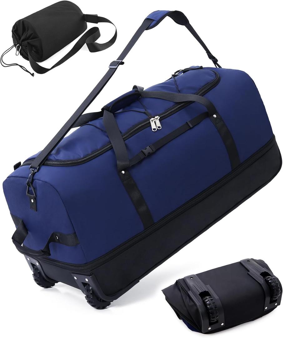 CONTAIL 32 Soft-side 110L Expandable 140L Rolling Duffle Bag with 2 Inline Wheels,Convertible Weekend Travel Bag with Bungee-Cord System,Navy