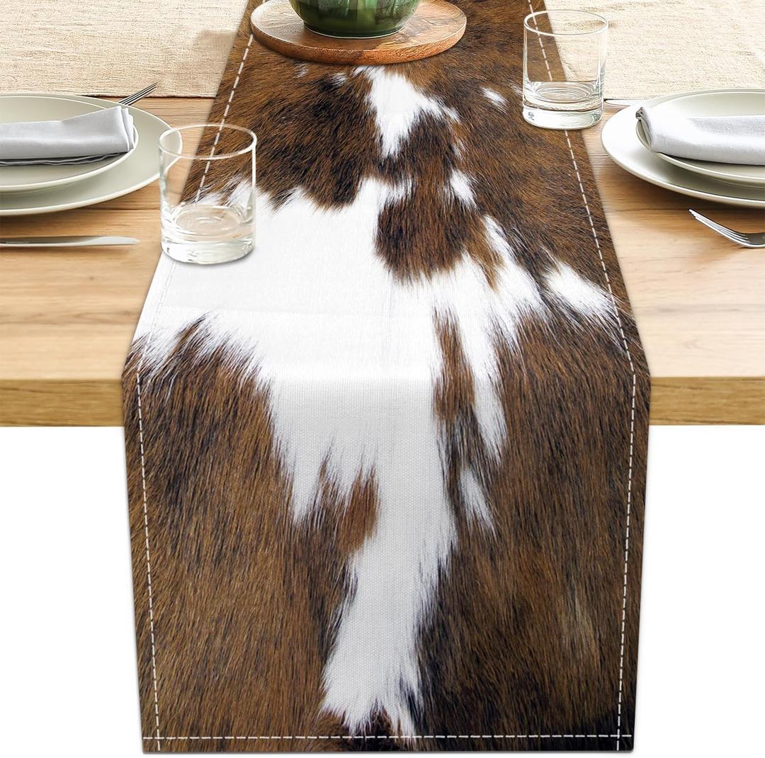 Cow Print Table Runner Brown Western Runners Cowhide Table Decorations Farmhouse Country Table Runner for Party Home Kitchen Dining Room 13x71 Inch (Just a Print)