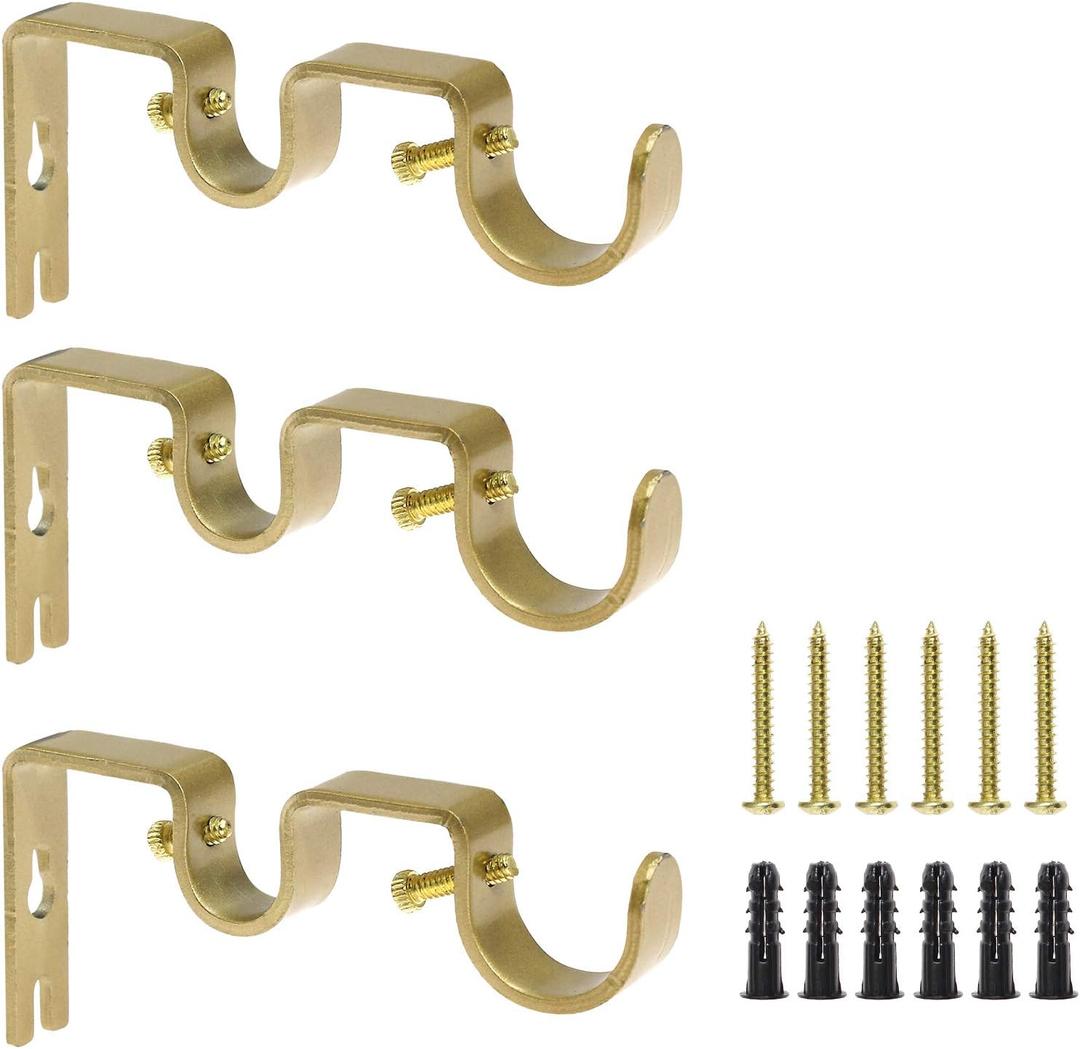 Pack of 3 Gold Curtain Rod Bracket, Heavy Duty Double Curtain Rod Hanging Brackets Wall Mount, Drapery Rod Bracket, Adjustable Curtain Rod Holders for Window, Home Curtain Rods (Gold)
