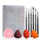 Jessup Makeup Sponge Set 3pcs, Eyeshadow Brush Set 6pcs, Makeup Brush Cleaner Mat and Makeup Box with Mirror Premium Beauty Tools for Flawless Application