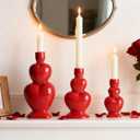 WDS WONDROUS Taper Candle Holder Set of 3 - Valentine's Day Candlestick Holders Wedding Decor, Red Heart Ceramic Candle Sticks Holders for Table Farmhouse Decor Romantic Housewarming Gift