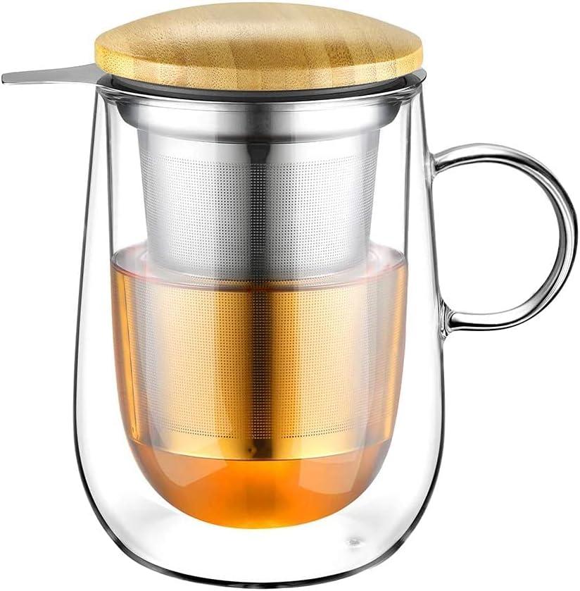 glastal Tea Infuser Mug 14.5oz Insulated Heatproof Glass Tea Cup with Removable Infuser and Lid, Clear Glass Teacup 430ml Double Wall Borosilicate Glass Teacup for Loose Tea, Gifts for Parents Dad Mum (Type 1 Transparent)