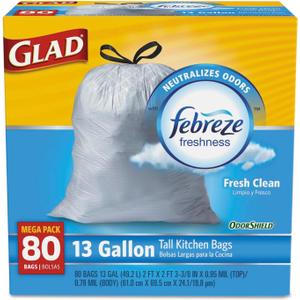 Glad 78899BX OdorShield Tall Kitchen Drawstring Bags, Fresh Clean, 13 gal, White, 80/Box