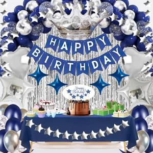 Navy Blue Birthday Party Decorations Set  Blue Theme Supplies with Banner, Star Garland, Crown, Heart & Star Foil Balloons, Fringe Curtain, Cake Topper, Tablecloth, Confetti Balloons for Men & Women
