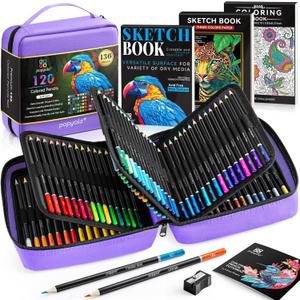 136 PCS Colored Pencils Set for Adult Coloring Books, 120 Colored Pencils with Sketchbook, Coloring Book, Sharpener, Soft Core Oil-Based Coloring Pencils for Artists Drawing Sketching Blending Shading (Purple)