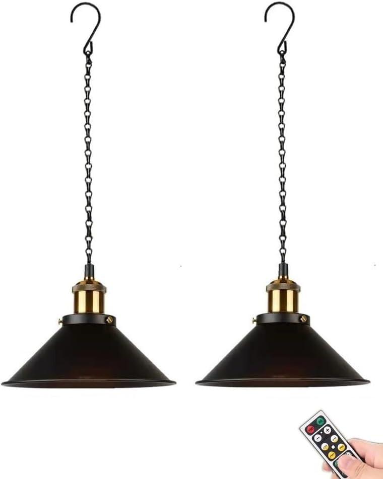 2 Pack Portable Hanging Lights Fixture Battery Operated,Rechargeable Pendant Light with Remote,Wireless Hanging Lamp Battery Powered Chandelier Lantern Black for Indoor Outdoor Garden Porch Patio