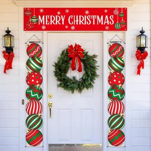 Buryeah 3 Pcs Christmas Decoration Outdoor Christmas Porch Sign for Front Yard Hanging Banner Ball Shaped for Xmas Supplies Indoor Outdoor Xmas Decor, 12 x 71 Inch(Red Green)