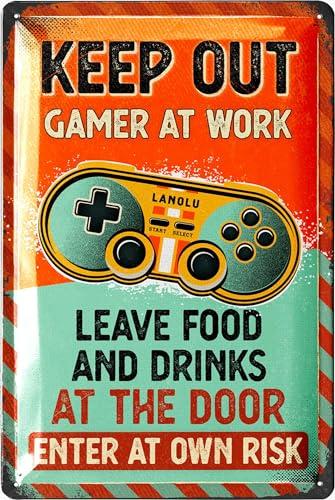 LANOLU Vintage Tin Sign - KEEP OUT Gamer at Play sign, Do Not Disturb I'm Gaming, Video Game Metal Sign, Gamer Room Decor for Men, Retro Wall Decor, 12x8", Set of 2