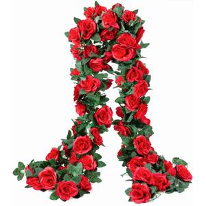 2 Pack (16FT) Artificial Rose Vine Fake Flowers Garland Hanging Silk Rose Ivy Plants Vine for Mother's Day Wedding Arch Party Garden Wall Aesthetic Art Dcor (Red)