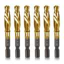 6-pc 1/4-20NC Combination Drill Tap Bit Set SAE, 1/4" UNC-20 Thread Size, Titanium Coated High-Speed Steel, Ideal for Drilling and Threading in Soft Metal Wood and Plastic, 1/4 Hex Shank