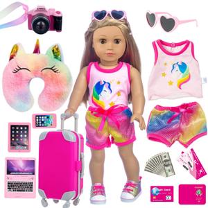 23 Pcs American 18 inch Doll Clothes and Accessories - Suitcase Luggage , Pillow, Sunglasses, Camera, Passport, Mobile Phone , Computer Doll Travel Gear Play Set (No Dolls)