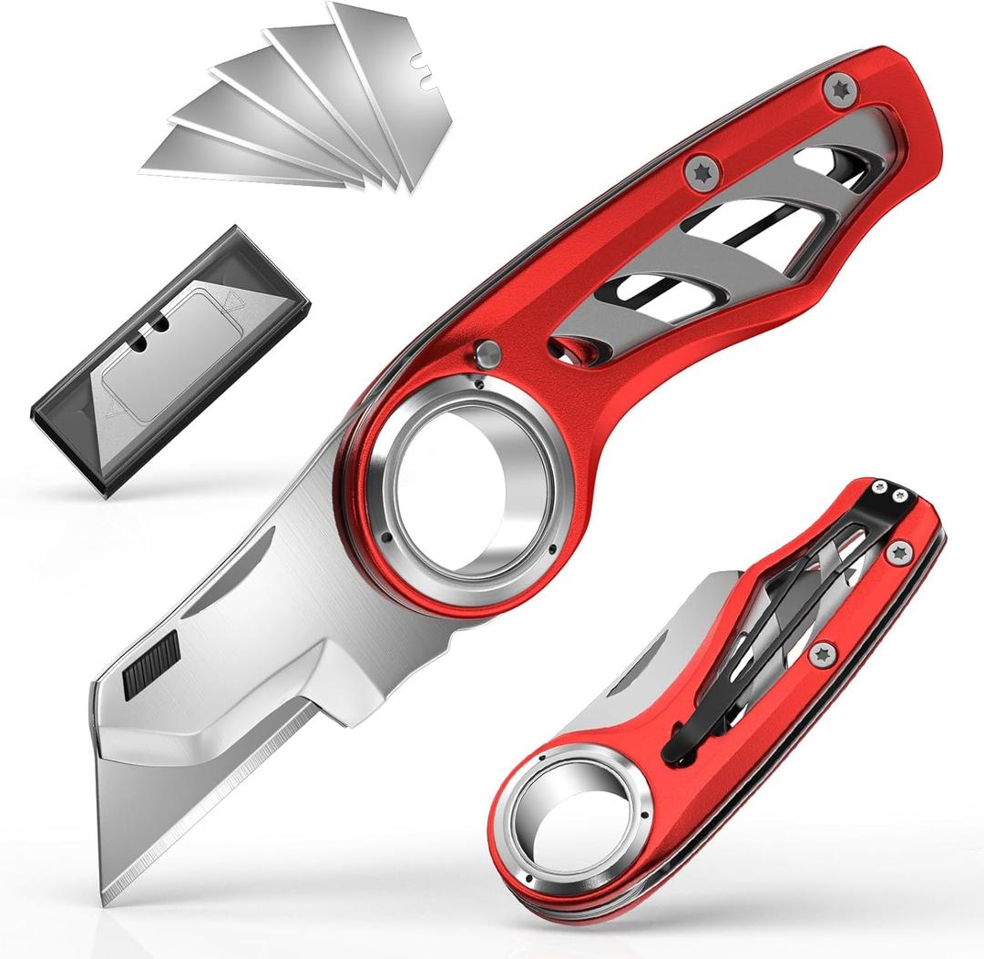 Folding Utility Knife Pocket Knife, Heavy-Duty Box Cutter with Anti Slip Finger Loop, Quick Change Blade Razor Knife, Box Cutters for Home, Office, Warehouse, Durable Razor Knife, Box Knife (Red)