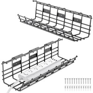 2 Pack DELAMU Under Desk Cable Management Tray, Large Metal Cord Organizer, Office & Home Cord Wire Management Under Desk Shelf, Easy Install Pre-drilled Cable Organizer, Black