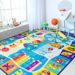 Chicrug Educational Kid Area Rug for Playroom, 4x6 Feet TPR Non Slip Kids Classroom Carpet Rug for Learning ABC Animal, Shape Color Fruit, Washable Play Mat Rug for Children Nursery Toddler Room Decor (Blue)