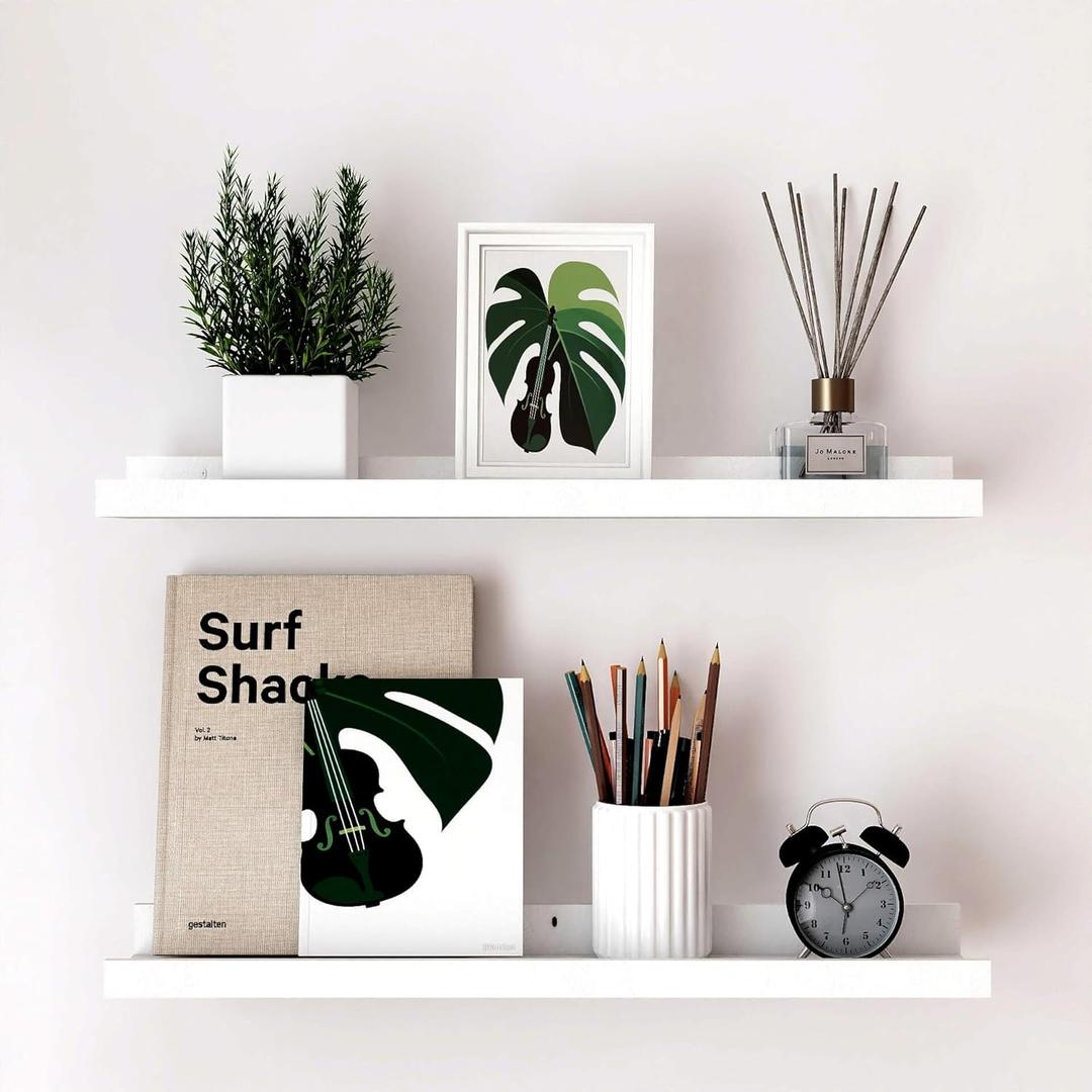 White Floating Shelves for Wall Decor, Long Wall Mounted Storage Shelf for Bedroom, Living Room, Bathroom, Kitchen, Nursery, Display Picture Ledge Shelf with Lip Set of 2-24 Inches, White