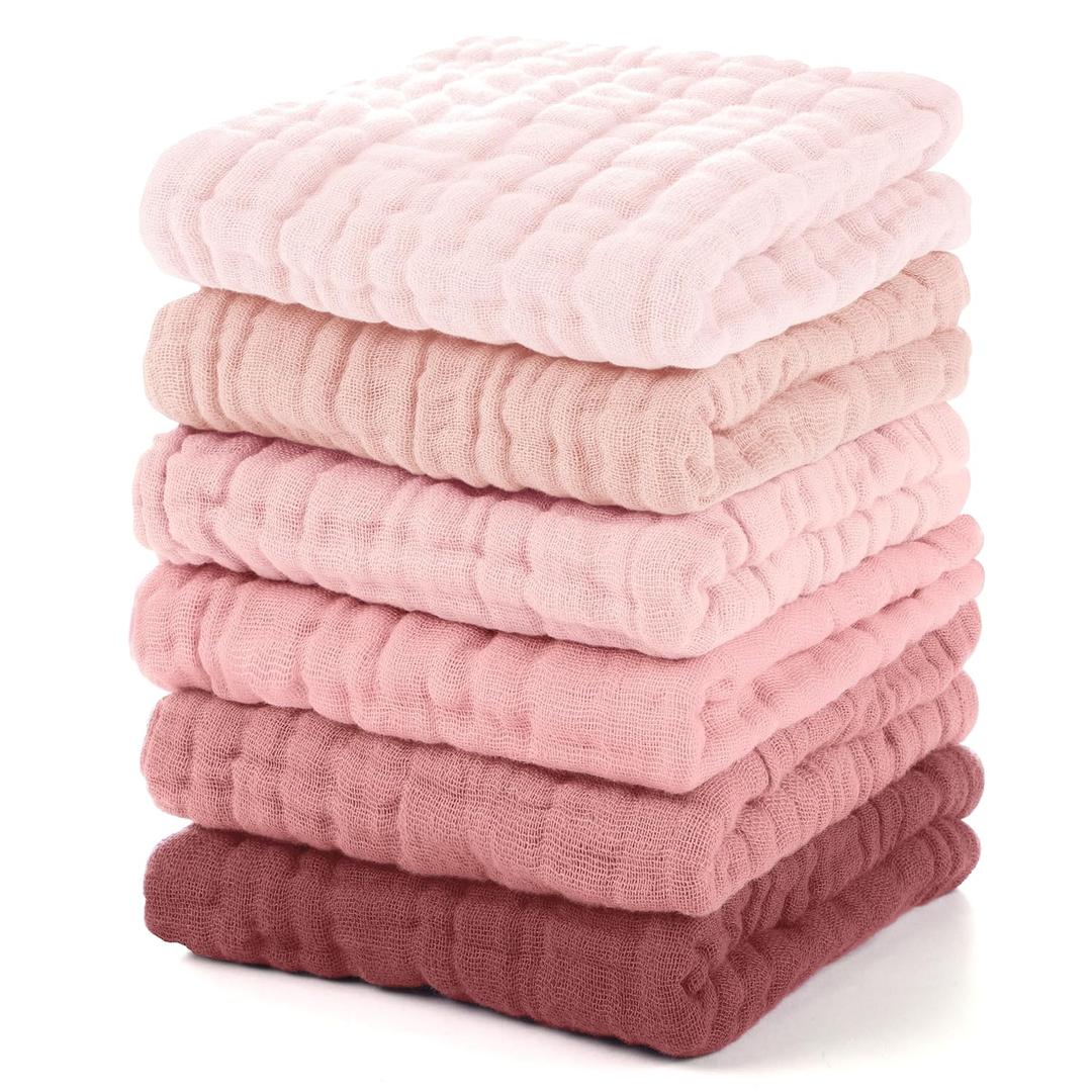 Muslin Burp Cloths Baby 12''X12'', Baby Washcloths 6 Pack, 100% Cotton Baby Wash Cloths Absorbent and Soft for Newborn Infants Kids Boys Girls - Gradient Pink