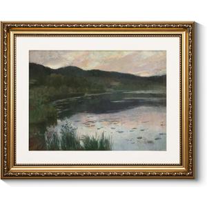 ARPEOTCY Gold Framed Scenery Wall Art, Living Room Bedroom River Landscape Pictures Wall Decor, Farmhouse Retro Decor, Canvas Prints, Antique Picture Frame Vintage Paintings,13x16 Inch (Summer Night Landscape)