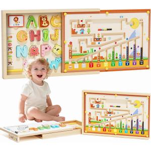 LIOKLICK 4-in-1 Magnetic Color and Number Maze, ABC Animal Alphabet Puzzles with Drawing Board, Wooden Montessori Toy Storage Box for 3-5 Year Old, Toddler...