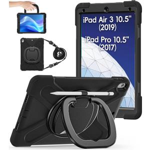 BATYUE iPad Air 3rd Generation Case 2019 / iPad Pro 10.5 inch Case 2017; Rugged Heavy Duty Protective Cover with Pencil Holder, 360 Swivel Stand, Shoulder Strap; for Kids (Black)
