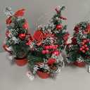 4 Pack 12 Inch Mini Christmas Trees with Lights Table Top Christmas Tree for Office in Basket Base Snowy Red Bows Berries Christmas Decorations Miniature Christmas Tree Tabletop Desk Home Decor