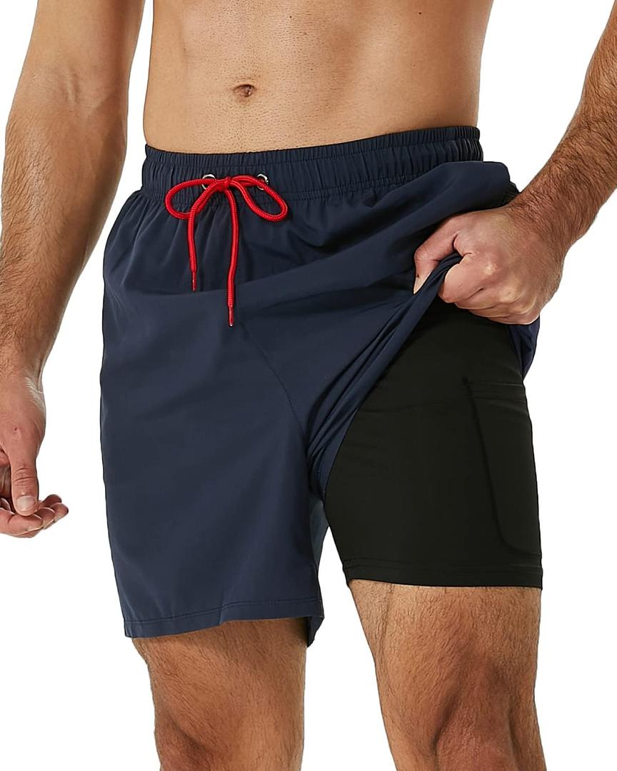 SILKWORLD Men's Swimming Trunks with Compression Liner 2 in 1 Quick-Dry Swim Shorts with Zipper Pockets (Small, Navy)