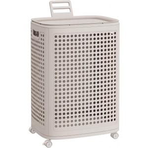 SONGMICS Laundry Hamper with Wheels, Plastic Laundry Basket, 19.8 Gallons (75 L), Slim Storage Basket, for Bathroom, Bedroom, Cappuccino Beige URLH020L101